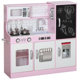 Qaba Play Kitchen, Kids Kitchen Playset Pretend Play Toy Kitchen with Play Phone, Chalkboard, Towel Rack, Ice Maker, 5 Accessories, Storage Space