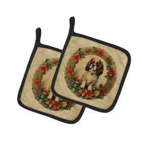 English Toy Spaniel Christmas Flowers Pair of Pot Holders Kitchen Heat Resistant Pot Holders Sets Oven Hot Pads for Cooking Baking BBQ, 7 1/2 x 7